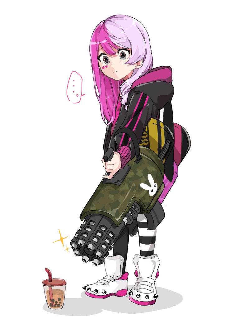 1girl bubble tea solo pink hair hood weapon ...  illustration images