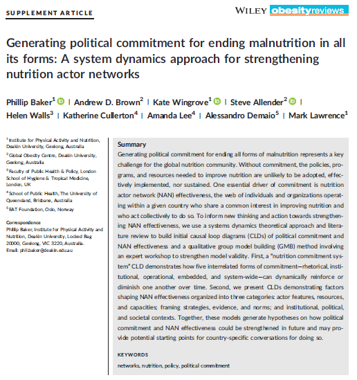HOT OFF THE PRESS🔥How can we generate political commitment for #nutrition during the UN Decade of Action and #SDGs era? One idea is to strengthen 'nutrition actor networks'. In this paper we provide some suggestions for achieving this. Full text here: onlinelibrary.wiley.com/doi/full/10.11…