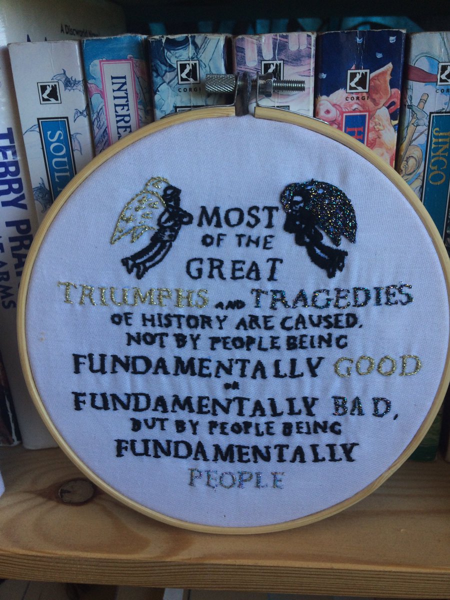 dolthalion's tweet photo. Finished another themed embroidery.  This was too much text.  The lesson is learnt.  There’s so many amazing quotes from Good Omens but they’re all so long! #GoodOmens @terryandrob @neilhimself @GoodOmensPrime https://t.co/POXgBdTDuT