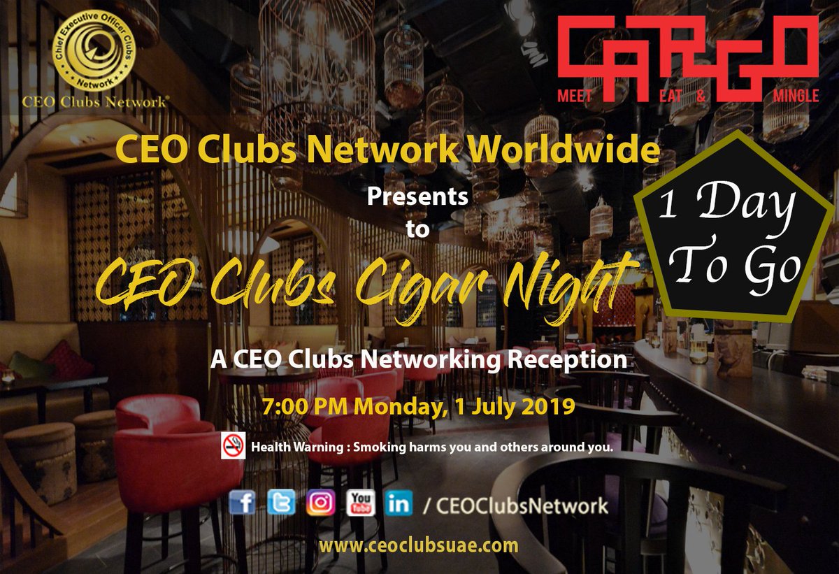 CEOClubsNetwork's tweet photo. CEO Clubs Cigar Night on Monday, 1 July 2019 in Dubai UAE
Another series of a unique "meet - greet - network" special evening.
#CEO #CEOclubsnetwork #networkforbetter #ceoclubsmembers #Creative #UAE #Business #Opportunities #networking #events #mydubai #businessgroup #joinus https://t.co/rpdNrF8HSd
