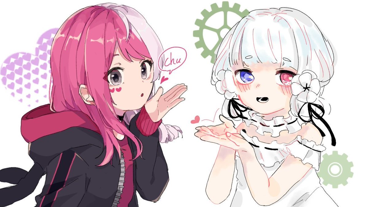 multiple girls 2girls heterochromia pink hair white hair heart split-color hair  illustration images