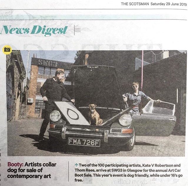 PFProjects's tweet photo. Thx @TheScotsman @grainne_gms @SWG3glasgow brilliant first day βοΈ Open today Sun 30th till 5pm #artcarbootsale #artcarbootglasgow thx to #katevrobertson #thomrees #albion πΆ https://t.co/wCTKVP0aHu
