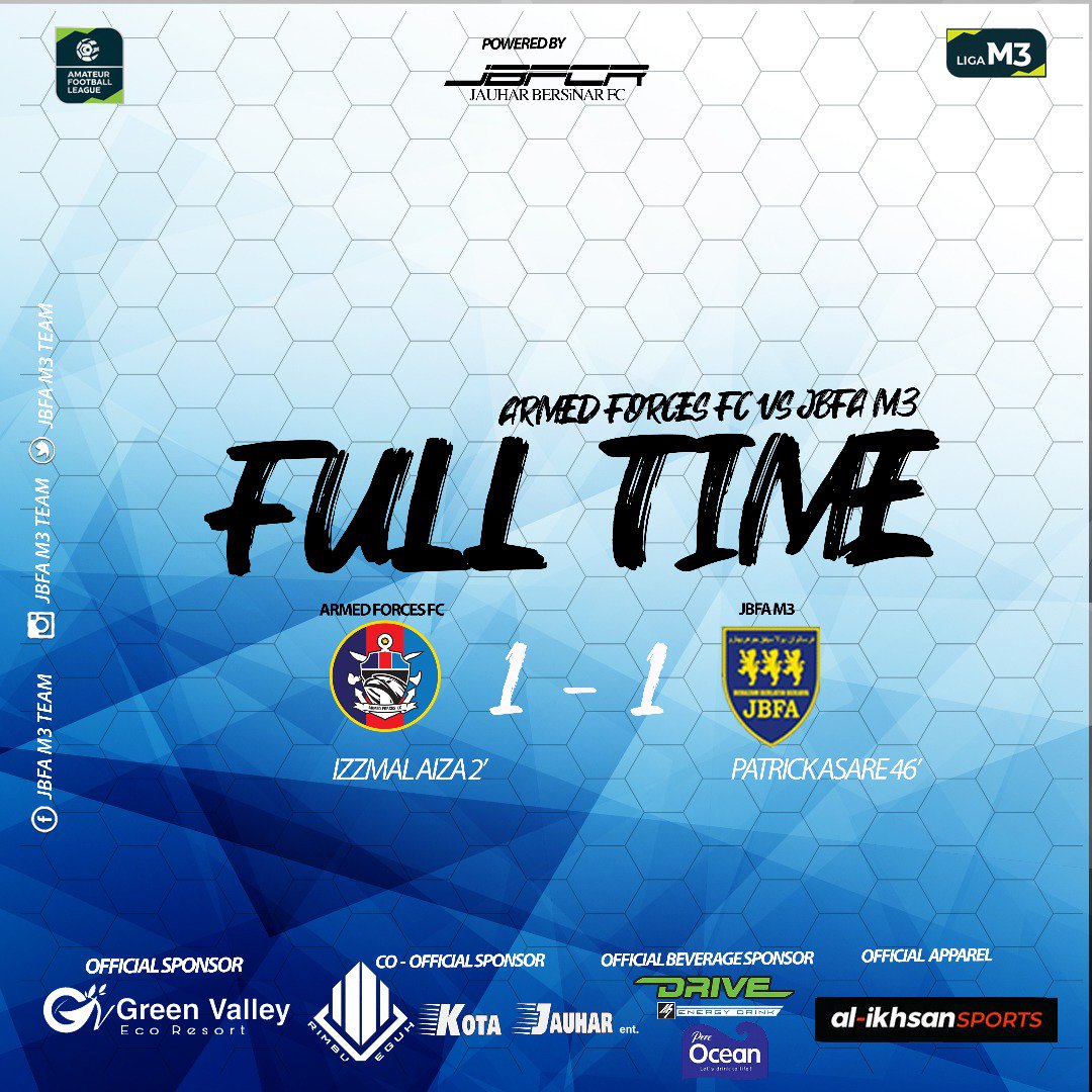 JbfcM3's tweet photo. FULL TIME 
ARMED FORCES ( 1 ) vs ( 1 ) JBFA M3 

#afl #mfl #footballleague #malaysialeague #jbfam3team https://t.co/CgnVsIFOds