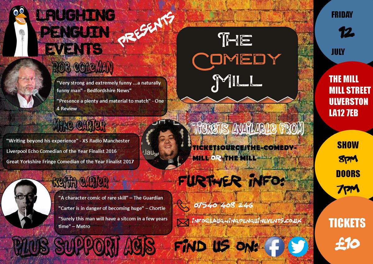 The_Comedy_Mill's tweet photo. The next comedy night @ The Mill in Ulverston is on Friday 12th July.

Tickets available from TicketSource. https://t.co/pLTmek31sS