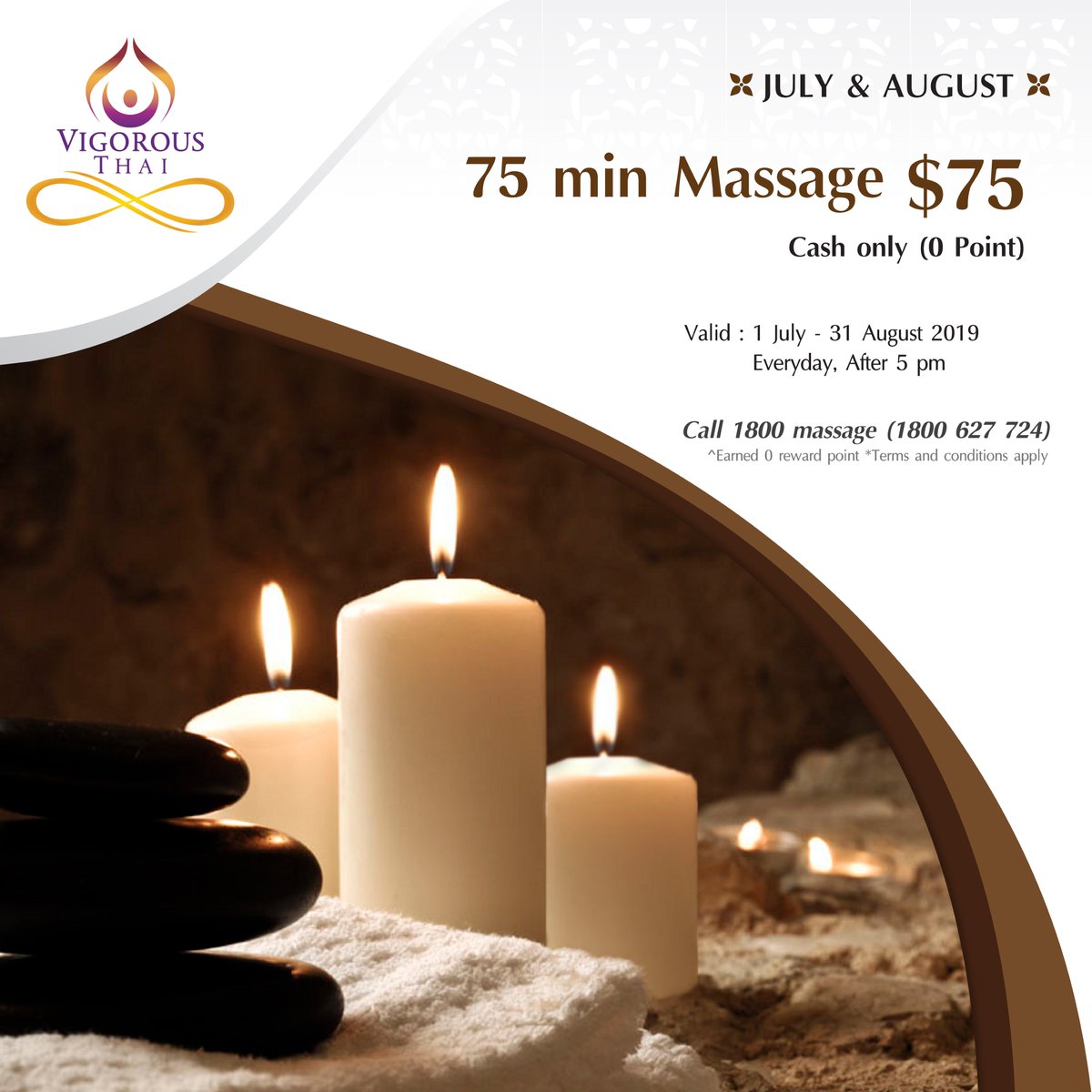 “July-August PROMO”📣

Any 75 min Massage = $75 (Cash only)

Valid: 1 July - 31 August 2019, After 5 pm, T&amp;Cs apply.

#vigorousthai #vigorous #thaimassage #revitalising #authentic #massage #relax #promo

vigorousthai.com.au/locations/
Call 1800 massage (1800 627 724)
Vigorous Thai