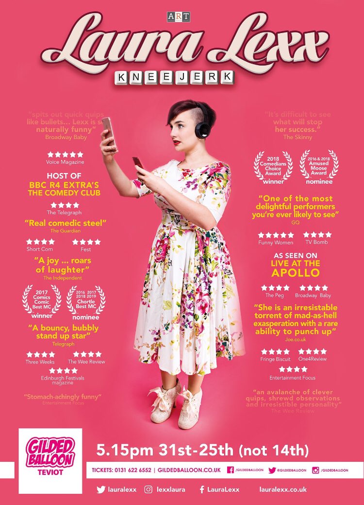 Look forward to seeing an #edinburghpreview from the lovely <a href="/lauralexx/">Laura Lexx - Touring NOW!</a> on 27th July. 
What a cracking poster!

#edinburghfestival #edinburghfringefestival #edfringe2019 #edinburghcomedy #comedy #comedian #ukcomedy #standupcomedy #glidedballoon #festival #comedyclub