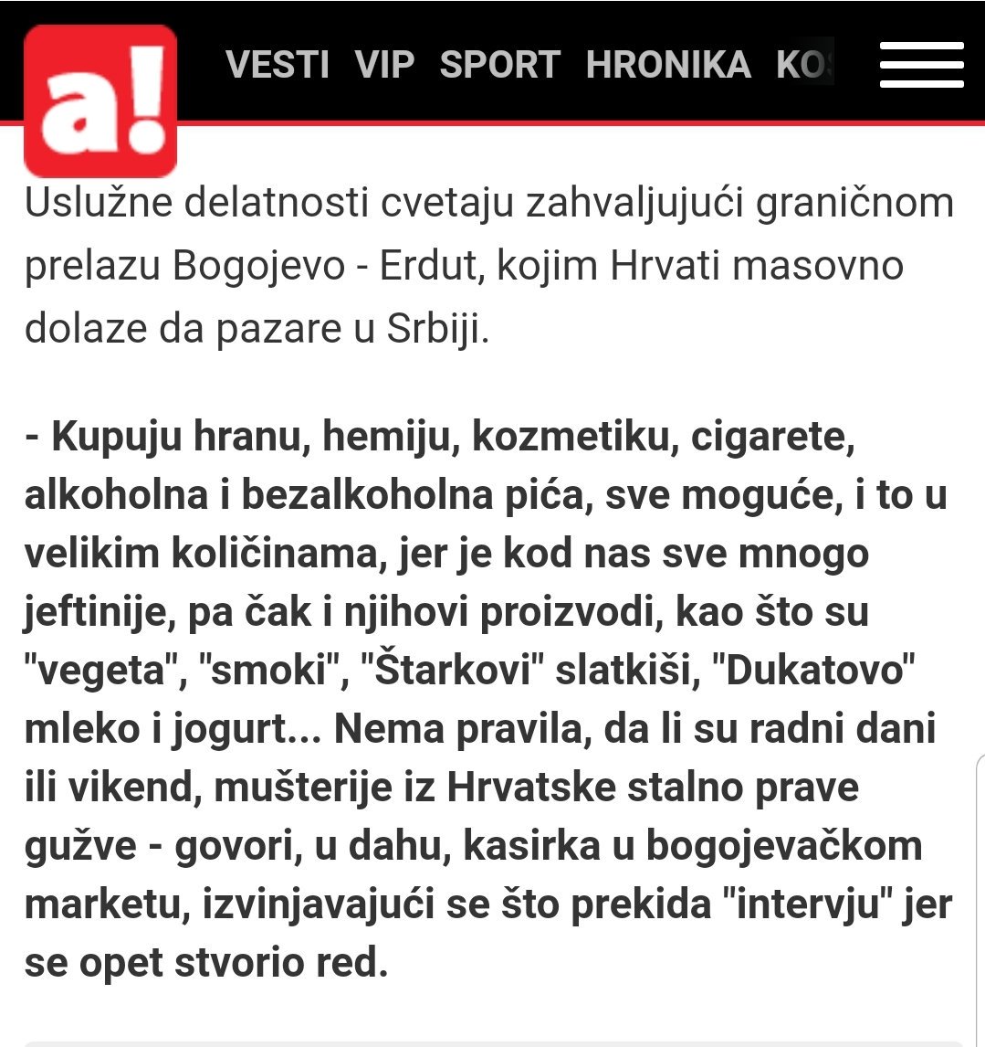 Сироти Хрвати из граничног подручја са Србијом... Живе у незнању да је цена робе у Хрватској нижа, па у заблуди долазе у Богојево да би пазарили јефтиније... Али, после открића београдске "елите", поново ће повољније цене тражити у својој домовини. Посебно на Брачу и Мљету! 🤣🤣