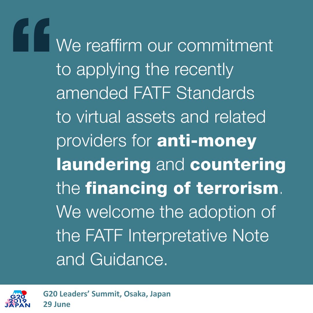 G20 leaders’ support for FATF’s work to fight #moneylaundering and #terroristfinancing, from the first global standards on #virtualassets to strengthening the FATF Global Network #G20org #G20OsakaSummit
👉 bit.ly/2YphHvQ