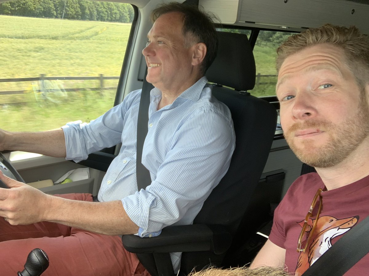 On the road with @bbcpaddy and Bob the dog, hot off the airwaves and driving up to @LowHouseLax to talk foxes and Suffolk at #LowHouseLitFest