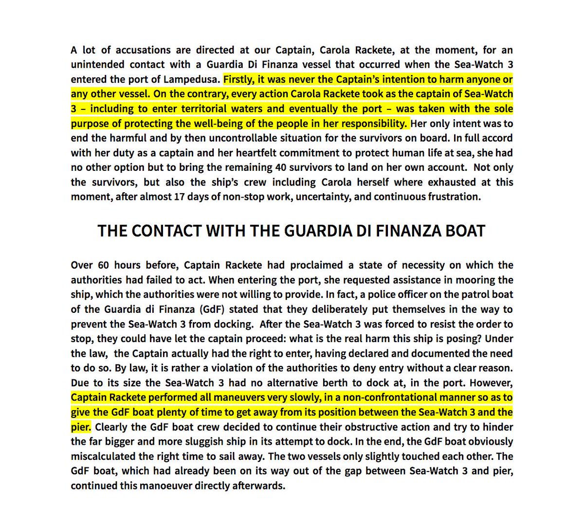 Es kursieren gerade haufenweise irreführende Anschuldigungen gegen #CarolaRackete, aufgrund eines Vorfalls mit einem <a href="/GDF/">Guardia di Finanza</a>-Boot, während sie die #SeaWatch3 sicher in den Hafen brachte. 

Wir stehen zu unserer Kapitänin. Hier ist unsere Version der Geschichte. 

#freeCarolaRackete