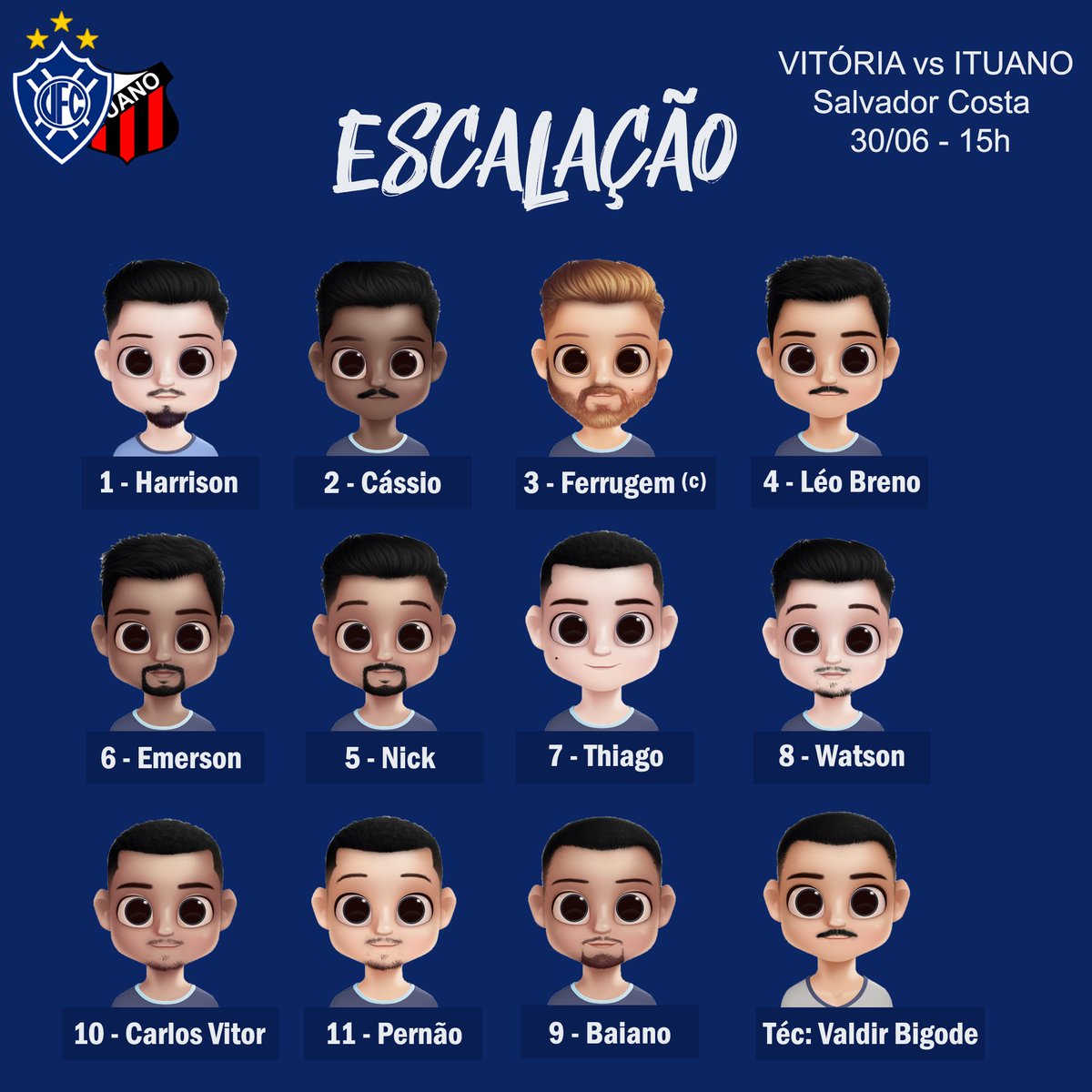 VitoriaFC1912's tweet photo. Uma partida especial exige uma escalação especial! No modo #dolify, nossos titulares e o técnico Valdir Bigode.
#VamosVitória https://t.co/IcbQyXageq