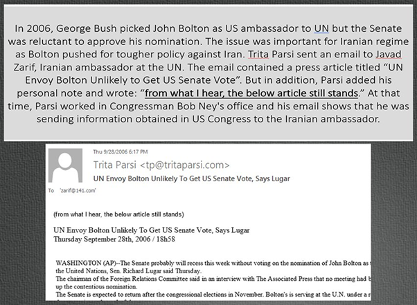3)Court documents from Sep 2006: @tparsi sent confidential info to Zarif, informing him that based on what he heard in Congress, Bolton would not get the Senate vote to become U.S. Ambassador to UN.Credit: @IranianForum