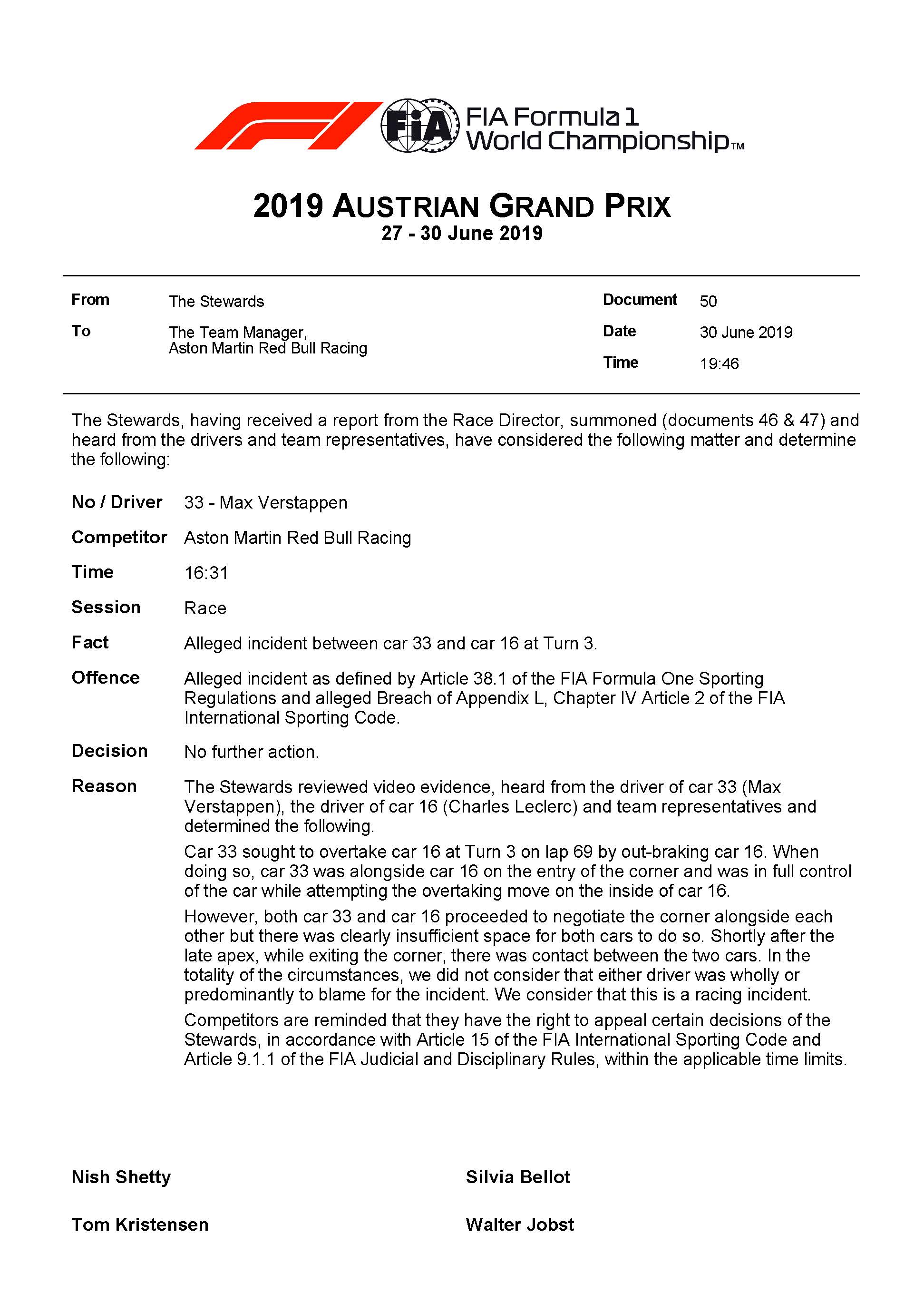 Decisão oficial do GP da Áustria de 2019