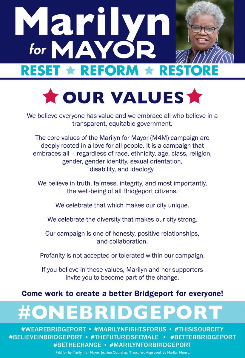 MMayor2019's tweet photo. We're pleased to release our Values Statement to the community. It’s a statement of what #M4M is, what it stands for, & what everyone can expect from us. Thank u for taking a moment to read it! #valuesstatement #ourvalues #resetreformrestore #wearebridgeport #thefutureisfemale https://t.co/5VHoRJCAA9