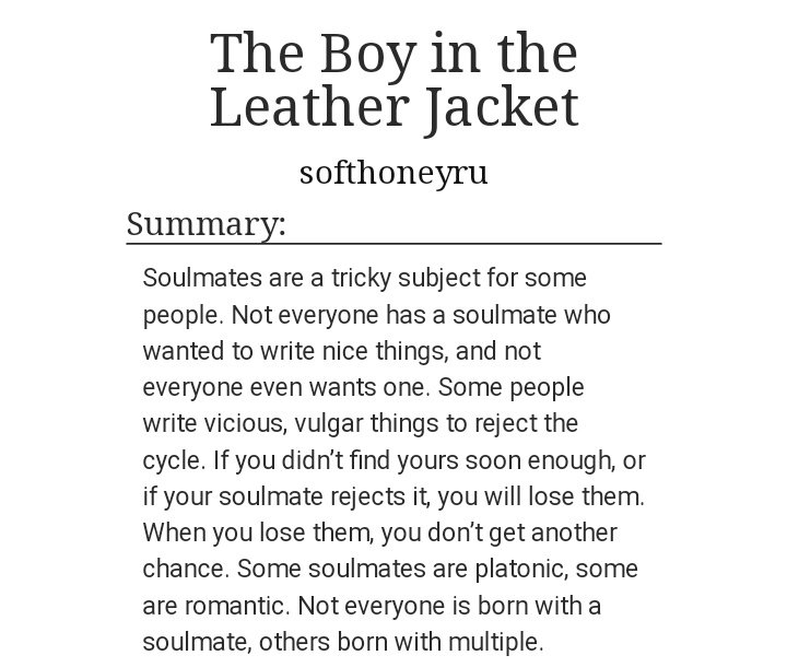 103) the boy in the leather jacket https://archiveofourown.org/works/16361099 • 9,940 words• soulmate au