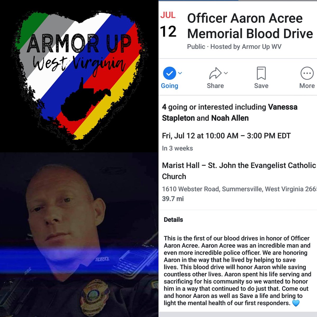 Our next event to honor a hero. Come help save some lives! Come meet part of our amazing team!  #1stresponder
#ArmorUp #ArmorUpAmerica #ArmorUpArmedForces #SafeCallNow #ArmorUpHawaii #ArmorUpTX #ArmorUpCA #ArmorUpOK #ArmorUpFL #ArmorUpIL #ArmorUpMD #ArmorUpVA #ArmorUpNC