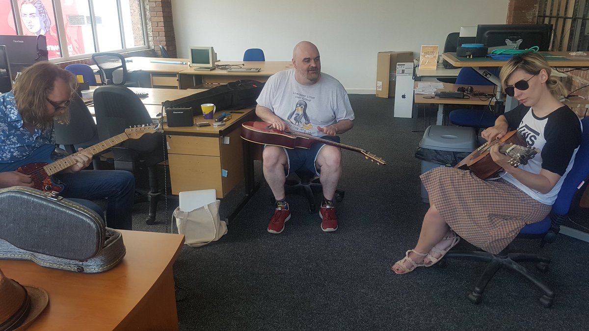 LpoolMakeFest's tweet photo. Still #making at @DoESLiverpool #music with @EFGuitars lead/rhythm, @MethodDan guitar/drums & @ka81 bass... #MakerBrunch has turned into #MakerTrunch lol https://t.co/N7pQiE2dA5