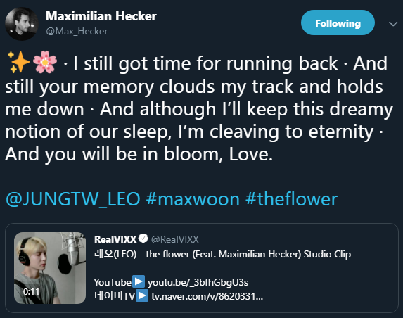ALLFORVIXX's tweet photo. [TWITTER]

Atualização do Twitter do Maximilian Hecker citando Rovix; 04.06.19
 
#maxwoon #theflower https://t.co/HugKj2KbhS