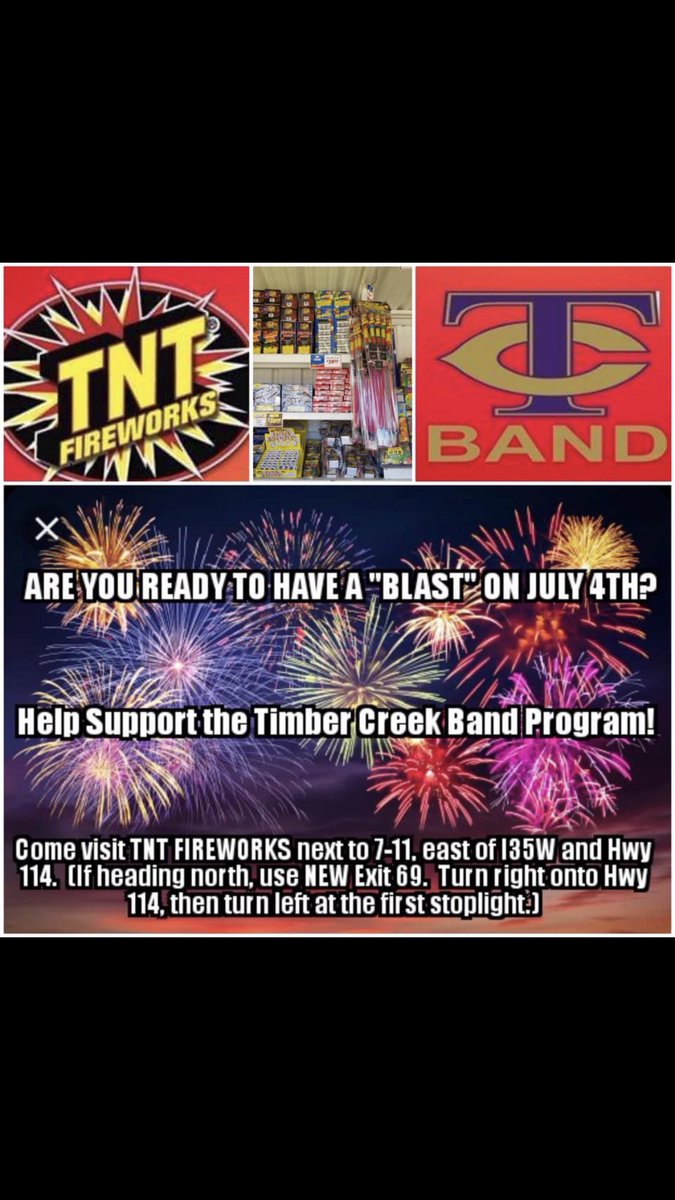 LorenzKaren's tweet image. Come out and support the Timber Creek Band!! We’ve got sparklers for the kids, weddings, parties and fountains or big boomers if you’re heading out of town. We are here all day 8 am-12 am through July 4th!! @timbercband @TCHSTalon