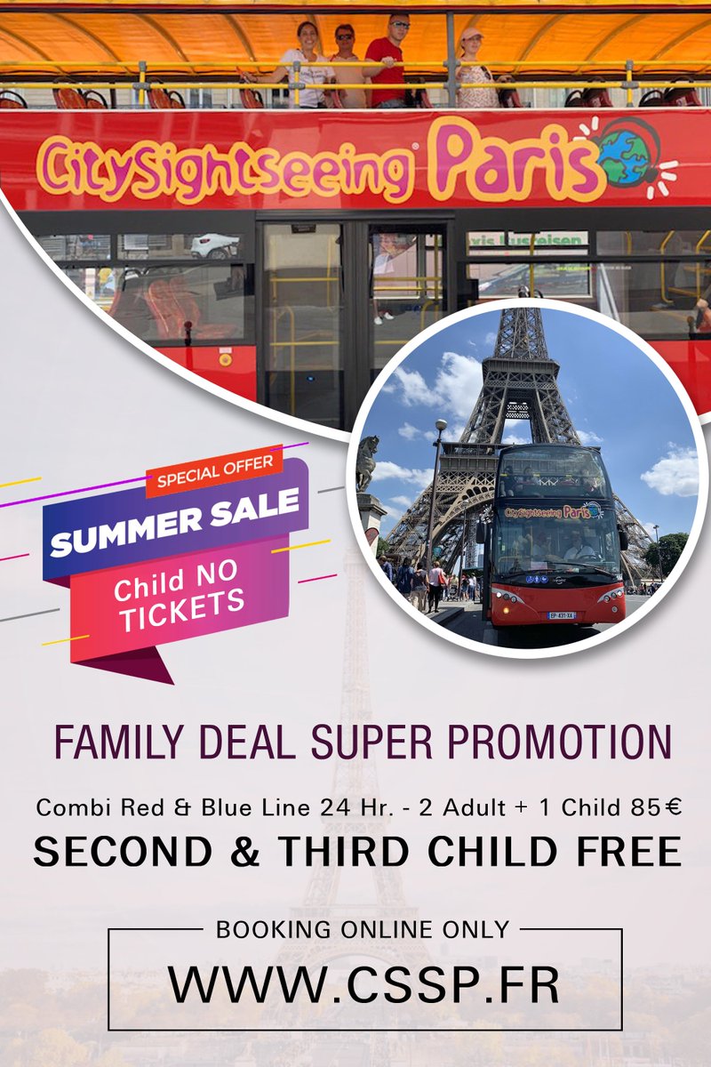 csspparis's tweet photo. Family Deal – Free Tickets for Child.

Summer Discount for Family – 2 Adult + 1 Child = 85 Euros (24hr) then 2nd and 3rd Child Free.
#Bustourparis #hoponhopoffbustour #sightseeingtour #citysightseeingparis #citysightseeing #paris

https://t.co/25cOemsnGV https://t.co/ua6CkOtrUs