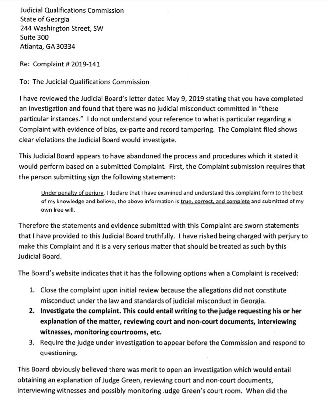 NinaMarie_WB's tweet photo. The GA Judicial Comm has shown they are unwilling to investigate violations. 
And there is NO EXCUSE for their failure to protect citizens of GA #2019-141

@BrianKempGA @bobbarr  

How can the public hold any confidence in the GA judicial system? 
#JudgeGreen 
#CobbSuperiorCourt https://t.co/I8ZgwgTycT