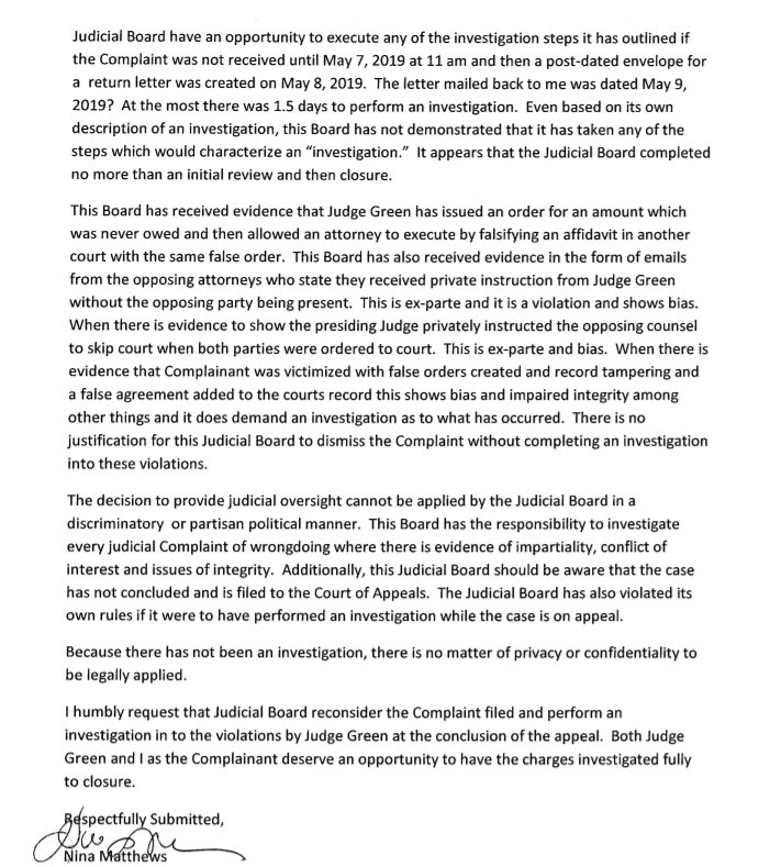 NinaMarie_WB's tweet photo. The GA Judicial Comm has shown they are unwilling to investigate violations. 
And there is NO EXCUSE for their failure to protect citizens of GA #2019-141

@BrianKempGA @bobbarr  

How can the public hold any confidence in the GA judicial system? 
#JudgeGreen 
#CobbSuperiorCourt https://t.co/I8ZgwgTycT