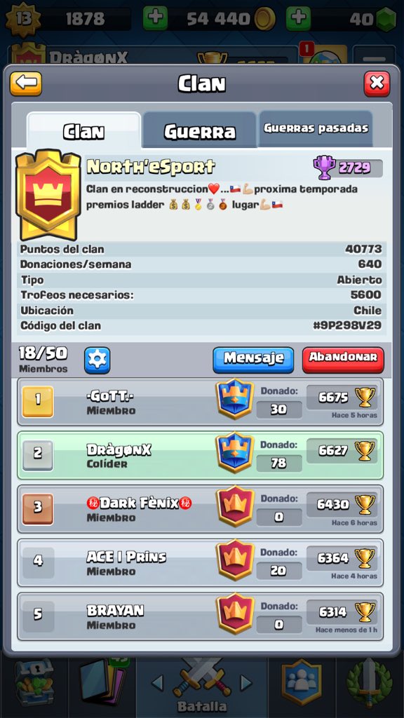 Clan en reconstrucción ,desde el reinicio de temporada pagaremos premios ladder:
🏅lugar 20 usd.
🥈lugar 15 usd.
🥉lugar 10 usd.
4️⃣lugar  5 usd.
Requisitos:🏆5.6k Jugar recolección y war. <a href="/Lalokur4Cr/">Lalokur4</a> @north_under  @superdragon_17 @xDestroyerGC <a href="/Pipex_CR/">Pipe</a> <a href="/_KyoHyun_/">Kyo 🇰🇷</a> <a href="/ComunidadCrCh/">Comunidad Chilena de CR</a>