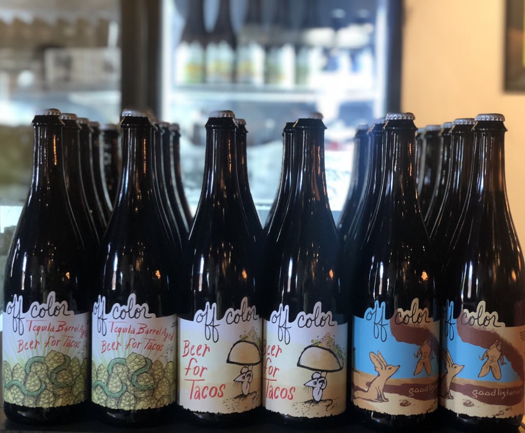 OffcolorBrewing's tweet photo. If you weren’t able to make it out to @ocmousetrap for yesterday’s triple release, don’t despair. We have plenty of Beer for Tacos and Barrel Aged Beer for Tacos  left on draft and in 750ml bottles to-go 🍺🌮 Same goes for our @rowleyfarm collaboration, Good Listeners. https://t.co/Pv2T2kZ1Hk
