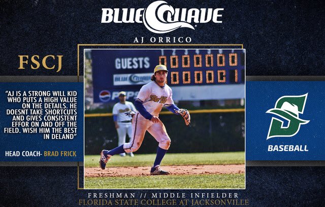 FSCJBaseball's tweet photo. Congratulations @AjOrrico recent commitment to continue his education and baseball career at @StetsonBaseball #WaveMovingOn #GoBlueWave #ASUN #Sunited https://t.co/UINABcW34D