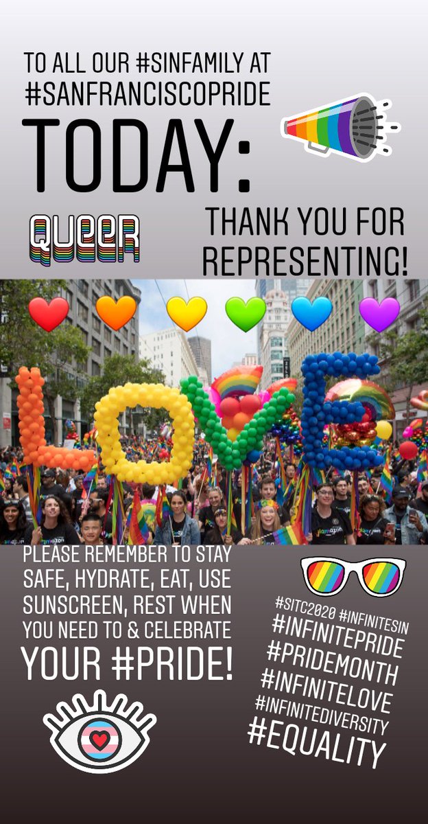 SinInTheCityLV's tweet photo. To all of our #SinFamily at #SanFranciscoPride today: Thank you for representing! Please remember to stay safe, hydrate, eat, use sunscreen, rest when you need to &amp; celebrate your #pride!
#SITC2020 #infinitesin #infinitepride #pridemonth #infinitelove #infinitediversity #equality https://t.co/dyTI7z7mLb