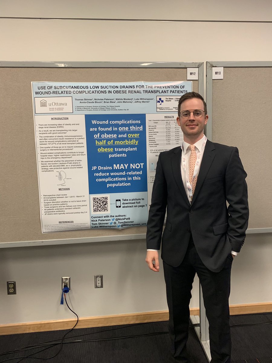 <a href="/NickPat9/">Nick Paterson</a> talking about how our study of subcutaneous drain use in obese transplant patients didn’t show a clear benefit in preventing wound complications. #cua19