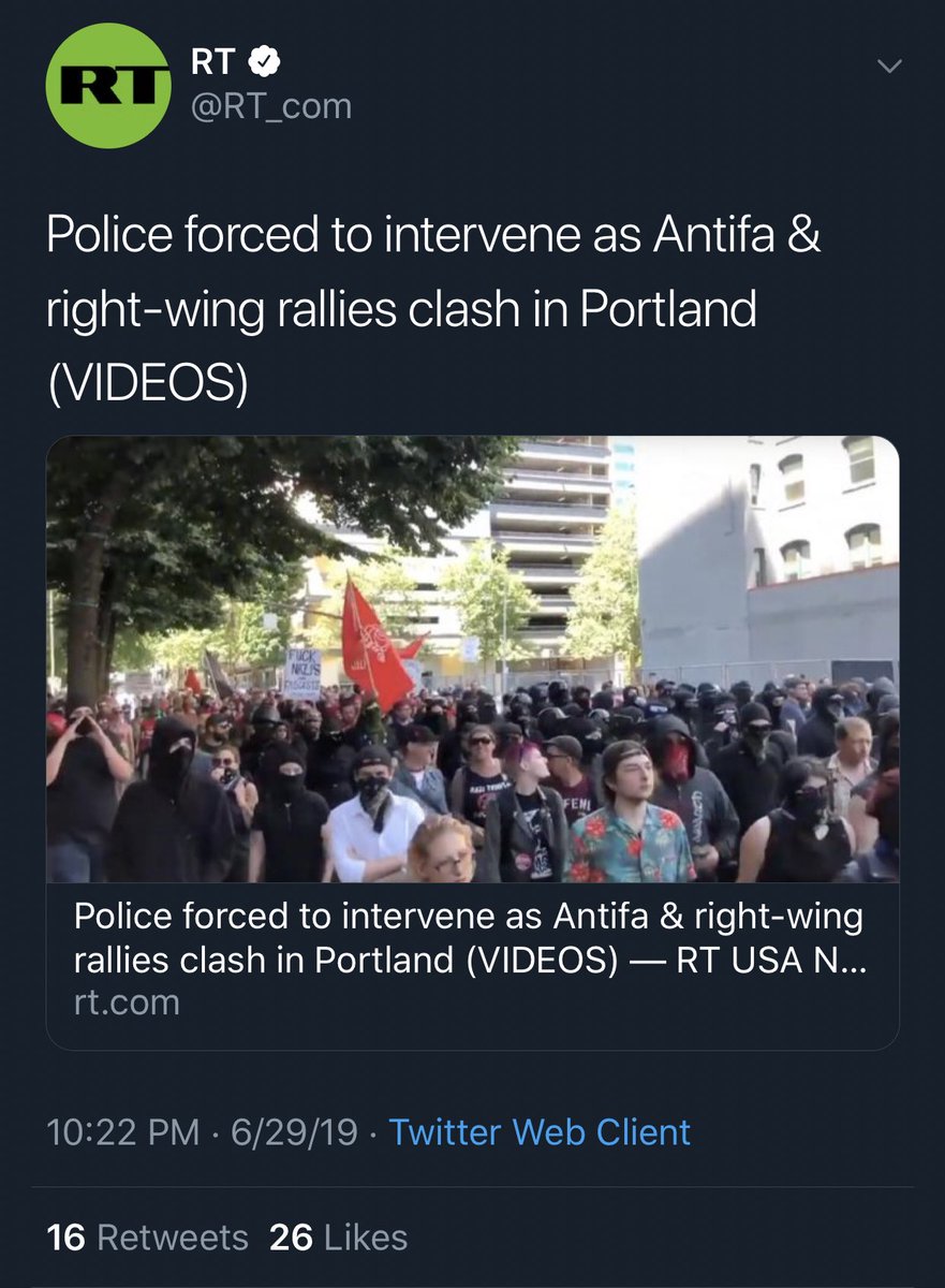 Russian propaganda outlets Sputnik and RT (and its video-based platform Ruptly) are, of course, chiming in on  #antifa and  #Portland.