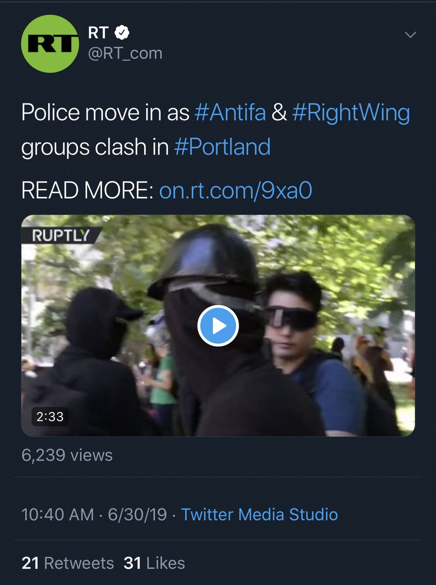 Russian propaganda outlets Sputnik and RT (and its video-based platform Ruptly) are, of course, chiming in on  #antifa and  #Portland.