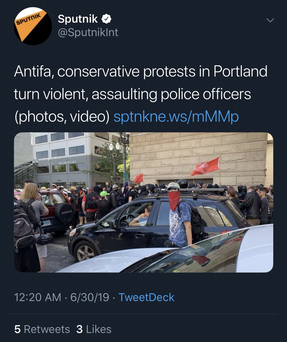 Russian propaganda outlets Sputnik and RT (and its video-based platform Ruptly) are, of course, chiming in on  #antifa and  #Portland.