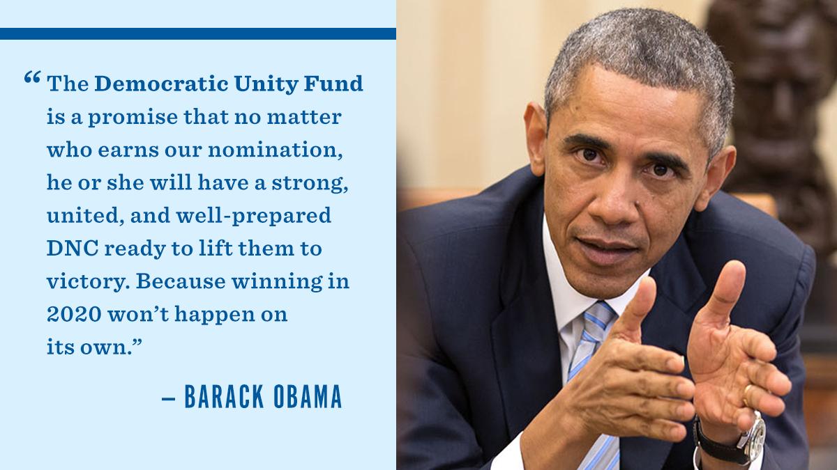 TheDemocrats's tweet image. Last month, President Obama proudly unveiled the DNC’s Democratic Unity Fund — a fund entirely dedicated to electing our party’s eventual nominee. Show your support today by chipping in now: bit.ly/2XAgVyV