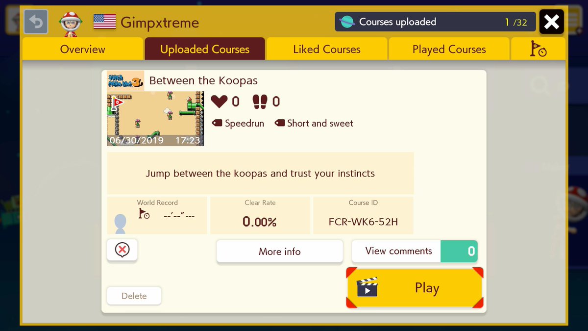 Gimpxtreme's tweet photo. Try my garbage first level. Honestly, it's not bad, just rough around the edges :)

Level Code: FCR-WK6-52H

#SuperMarioMaker2 #SMM2 #Nintendo #Switch #Speedrun https://t.co/D5QOa5EOsE