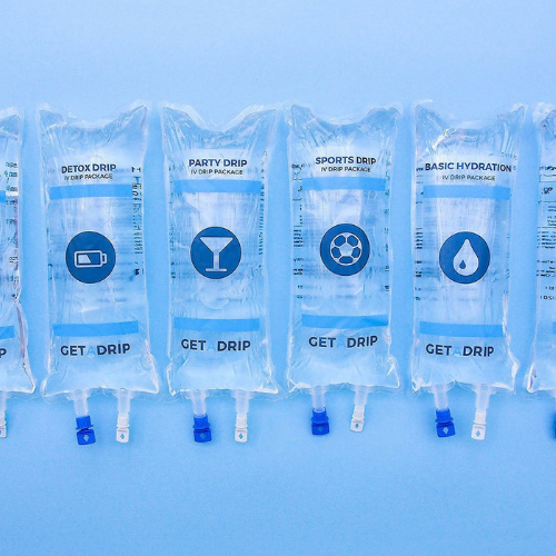 Row of bags of fluids of different constitutions, each with a different, big logo in the middle - Detox, Party Drip, Sports, Basic Hydration - with a relevant pictogram