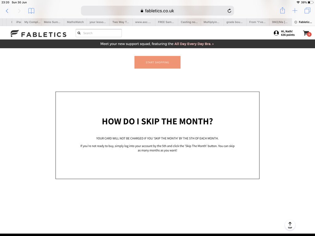 Nath_ALeighton's tweet photo. @Fabletics Cannot DM for some reason. Just neet to know what page to “skip a month” as per “how it works” info. Member #97227315. https://t.co/JIFH46zCK3