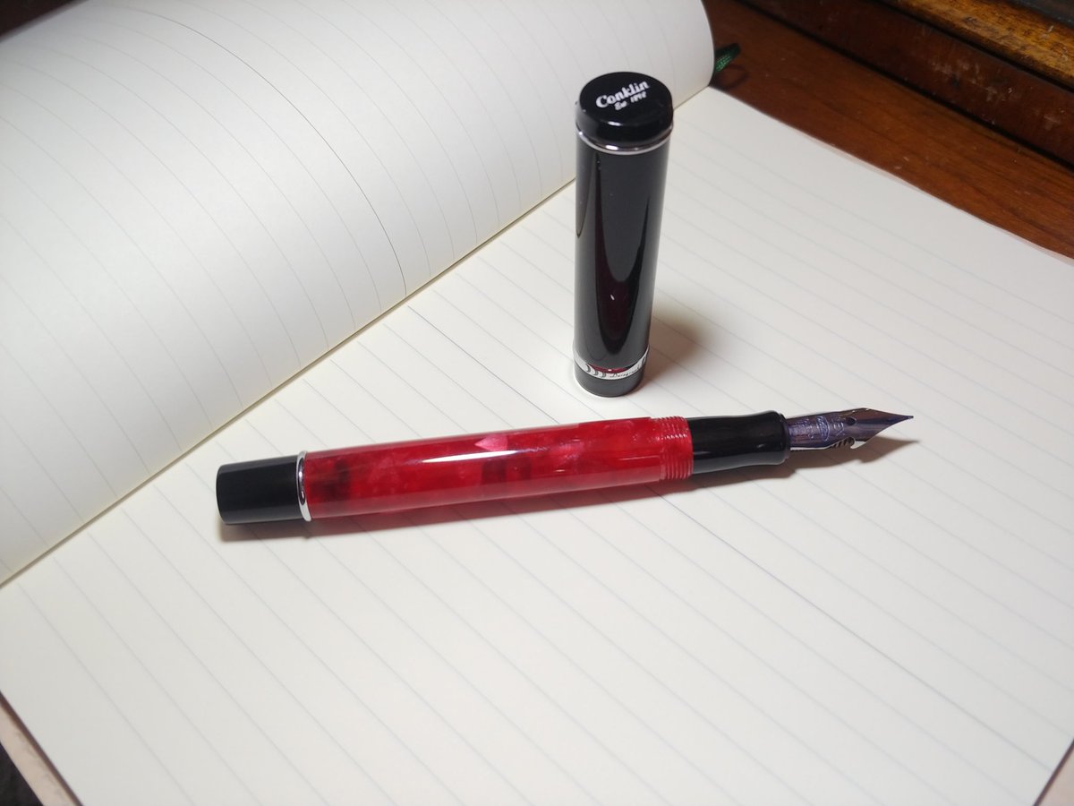 MrLichtenstein's tweet photo. A bit of a #writerwin today: due to rapacious productivity, I finished all the ink in a fountain pen I had inked up just a couple of days earlier. @GouletPens @conklinpens #noodlersbaystateblue #duragraph #omniflex https://t.co/ilvgtsHmLQ