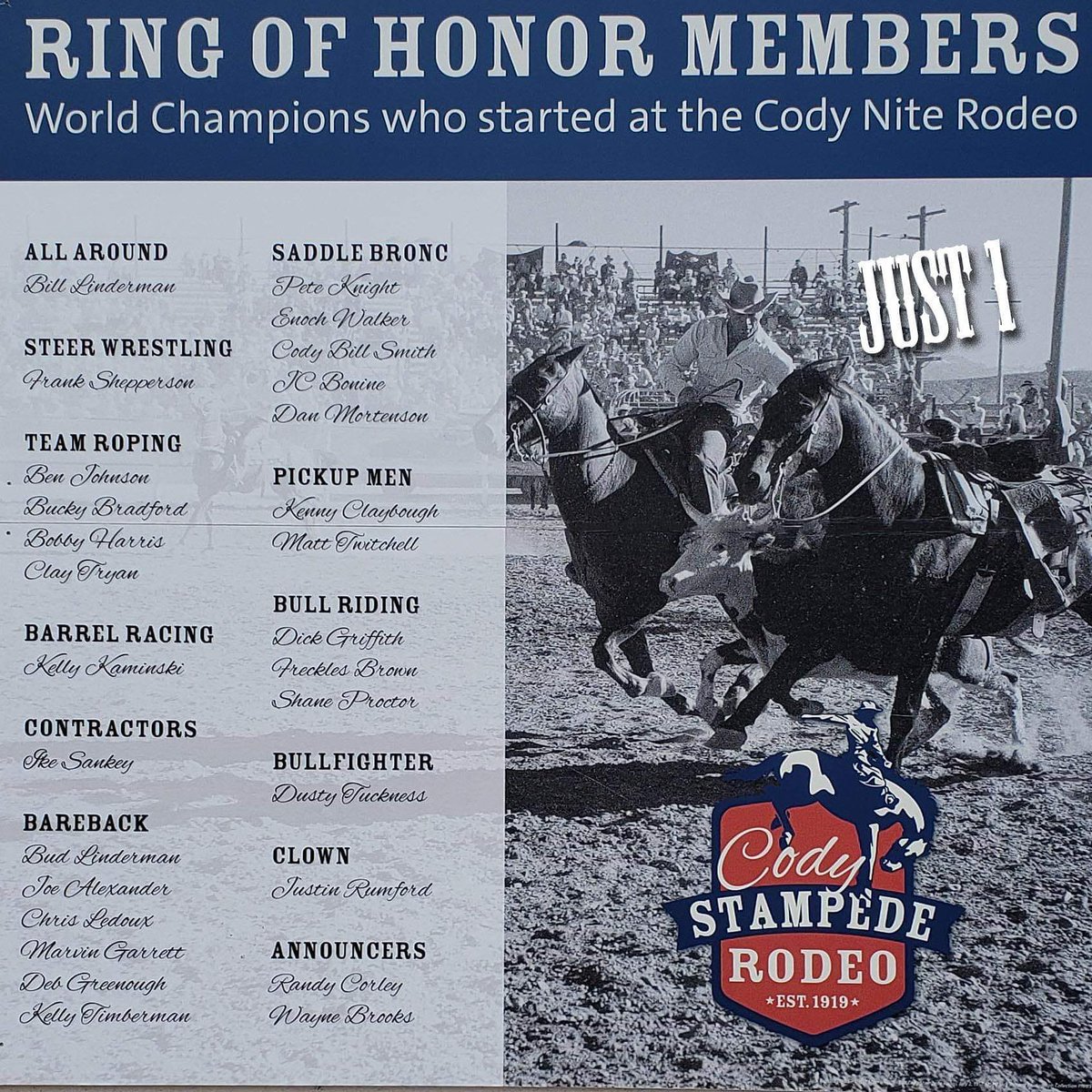One more day until the first performance of our 100th rodeo!!! This will be a break for the Cody Nite Rodeo where champions are developed. These ring of honor members have a special place in rodeo history and some of them will be attending our events.