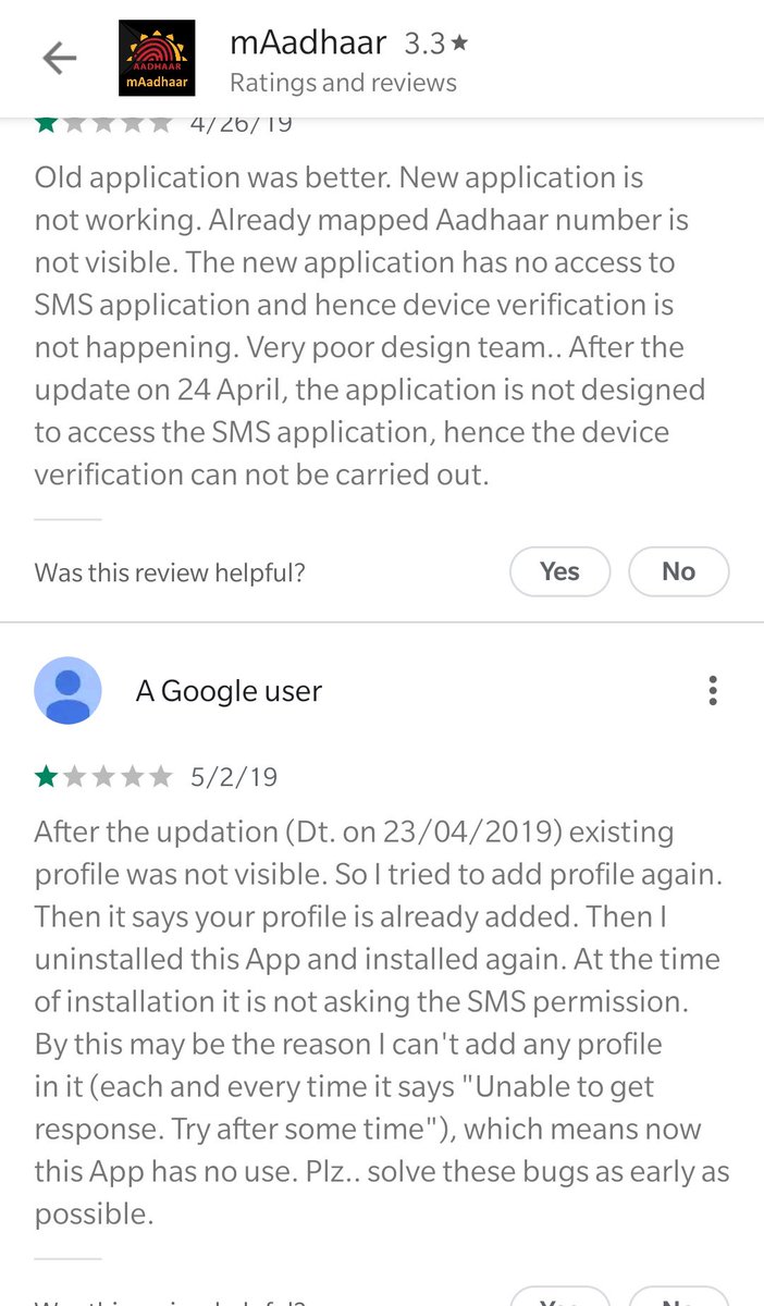 uxmynd's tweet photo. @Aadhaar_Care There are enough Indians complaining about latest update mAadhaar and if you can't see that on the play store, then you will not read the email either. Here is a screen grab for you. Please use social media to take feedback like our honorable PM @narendramodi. Please fix asap. https://t.co/XfeewTyMy4