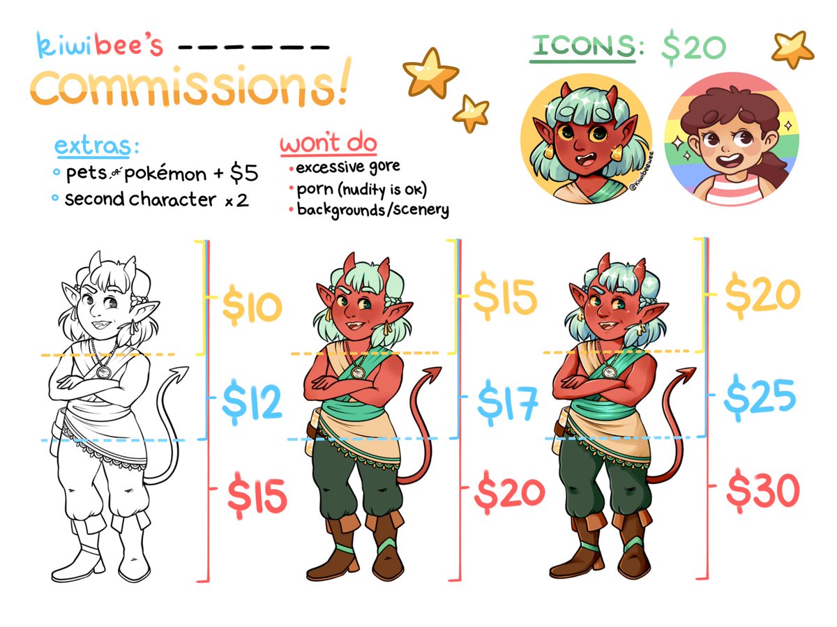 hey! here's my commission sheet; send me a DM or email me at cjoy.eberle@gmail.com if you're interested ? 