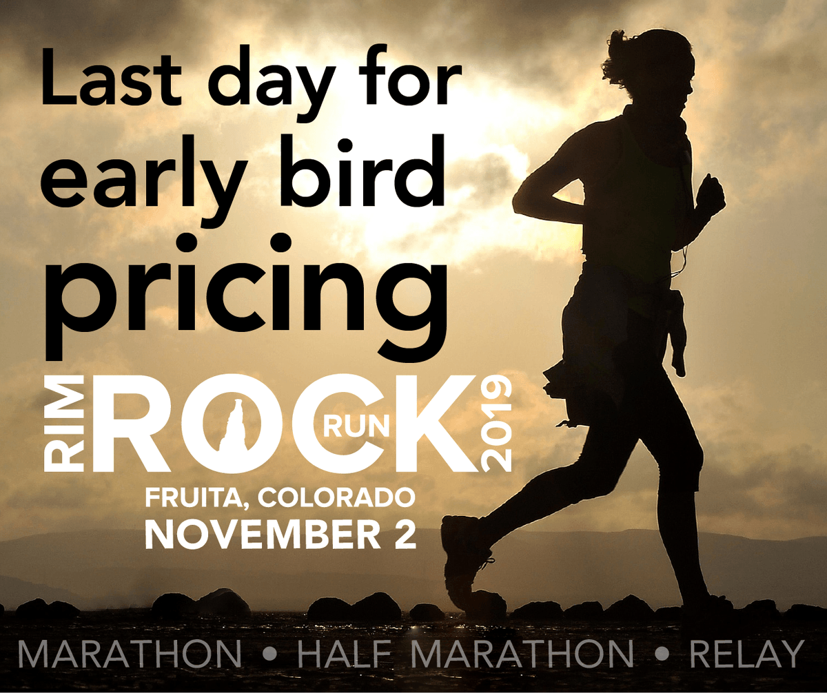 LAST DAY to receive the early bird discount when you register for the 2019 U.S. Bank Rim Rock Run!🏃‍♀️🏃‍♀️

🗓️: November 2, 2019
➡️Marathon, $90
➡️Half Marathon, $75
➡️Relay Run, $150
🏁: Register now @ bit.ly/2Yo4t2d

#ggjsc #rimrockrun #rrr2019 #coloradomarathon