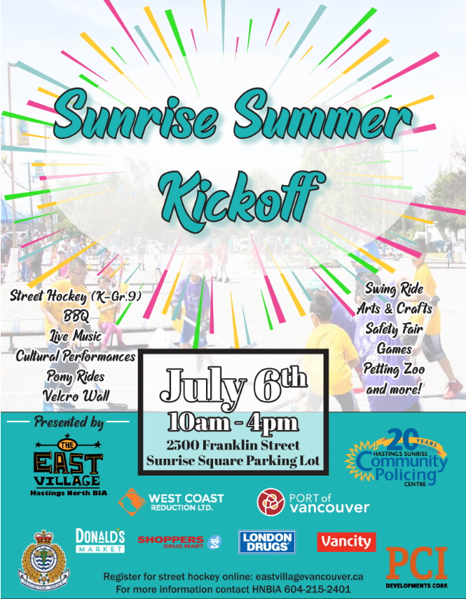 HastingsCPC's tweet photo. The #HastingsSunrise Summer Kickoff is TOMORROW! We're gearing up for a fun-filled day of street #hockey, games, shows, rides & much more. Will you stick to the velcro wall? Only one way to find out! Join us for this #community event out in #EastVillageVan #Vancouver. #SSK19 https://t.co/y4iiMRXtFy