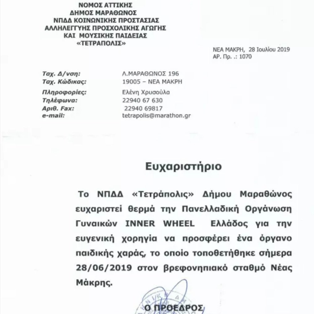 Τη  Παρασκευή 28-6-2019  τα μέλη του Inner Wheel περάσαμε ένα πολύ  γλυκό πρωινό στο βρεφονηπιακό σταθμό της Νέας Μάκρης στο οποίο τοποθετήσαμε πλακέτα   που ανέγραφε <<΄Προσφορά  όλων των Ομίλων  του Inner Wheel Ελλάδος επί Διοικήσεως Ντέπυς Βαρότσου -28 Ιουνίου 2019>