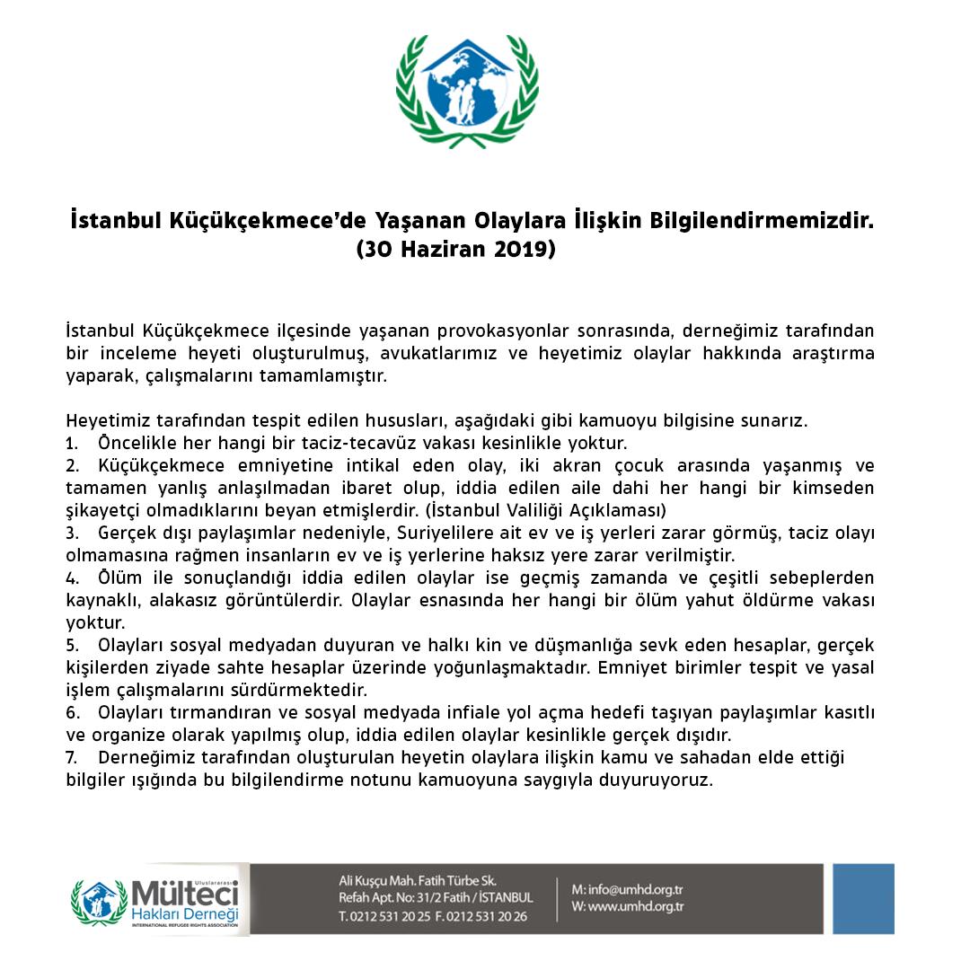 İstanbul Küçükçekmece’de Yaşanan Olaylara İlişkin Bilgilendirmemizdir.
(30 Haziran 2019)
