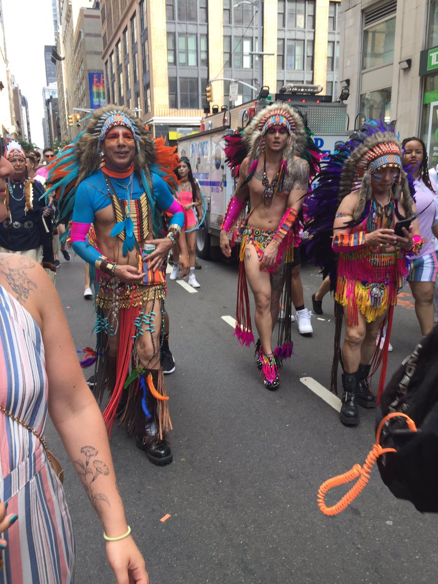 Pride NYC. Having just finished marching with the Indigenous two spirit group, these people emerged. What tribe are you from?, I asked. —We just dressed up for Pride, they replied. It’s just a costume. @NativeApprops would have had a field day. #culturalappropriation