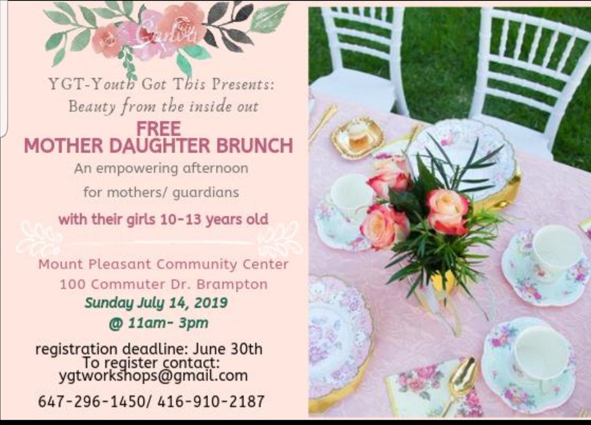Are you a girl between the ages of 10-13 years old? YGT has an amazing empowerment Brunch for you and your mother/ guardian this FREE event on will be held on Sunday, July 14th from 11am- 3pm at Mount Pleasant Community secure your spot by emailing ygtworkshops@gmail.com