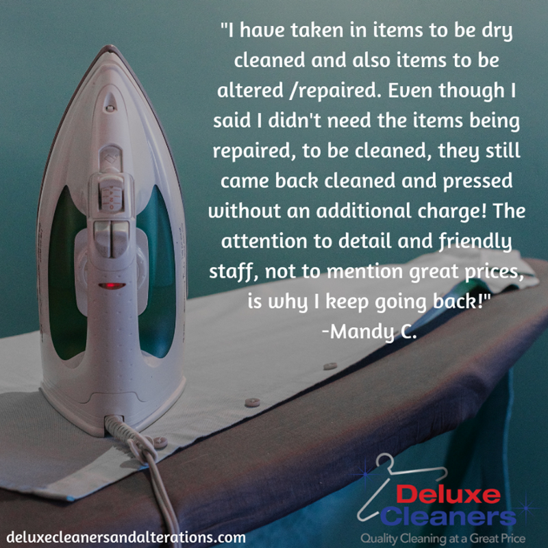 DeluxeCleaners_'s tweet photo. "I have taken in items to be dry cleaned and also items to be altered/repaired ... The attention to detail and friendly staff, not to mention great prices, is why I keep going back!" -- Mandy C #WeHelpYouLookGood https://t.co/zqkaOM2TSL https://t.co/QOKUAxKsIk