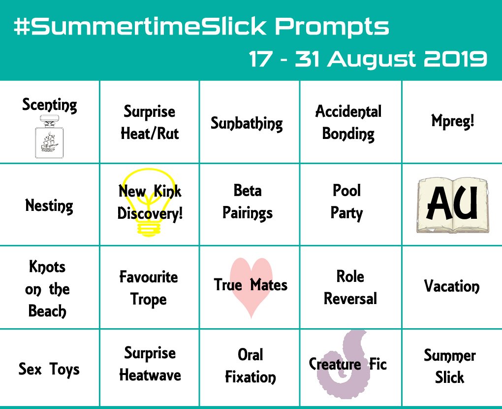 HannigramABOLib's tweet photo. The Prompts are live!! Posting for #SummertimeSlick 2019 will be 17th - 31st August. All media accepted - tag your fics, art, gifs, vids, playlists, headcanons, fic recs of older fics that fit the prompts. As long as there is an A/B/O element, we welcome all #Hannibal, AUs &amp; HEU https://t.co/THZ8ROMnUn